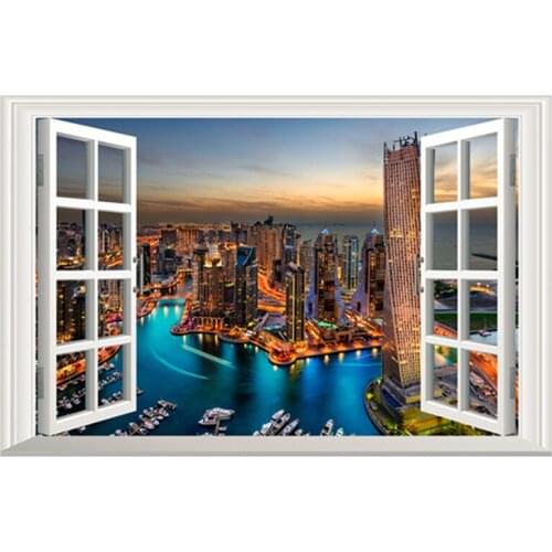 Desert city Dubai night view 3d fake window stickers wall art vinyl mural home decoration scenery poster wallpaper 60*40cm