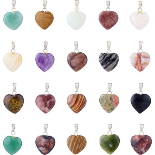 Pandahall Natural Mixed Stone Heart Jewelry Necklace Pendants For Jewelry Making with Brass Finding 23mm, Hole: 2x5mm; 20pcs/box