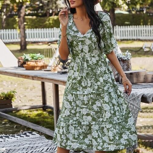 Summer Floral Print Sexy V-neck Short-sleeved Women Dress Casual Lace-up Elastic Waist Beach Vacation Long Dress -40