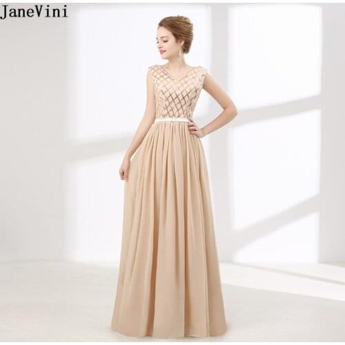 JaneVini Simple Champagne Plus Size Long Bridesmaid Dresses V Neck Sequins Backless A Line Chiffon Prom Party Gowns Floor Length