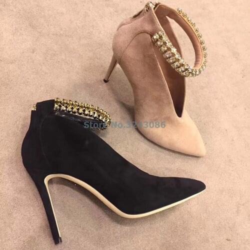 New Faux Suede Pointed Toe Thin High Heel Shoes Nude Black Back Zip Stiletto Elegant Pumps Ankle Crystal Strap Banquet Shoes