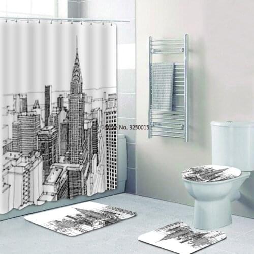 Street View of New York City Shower Curtains Bathroom Curtain Set American City Landscape Painting Artwork Rugs Taxi Home Decor