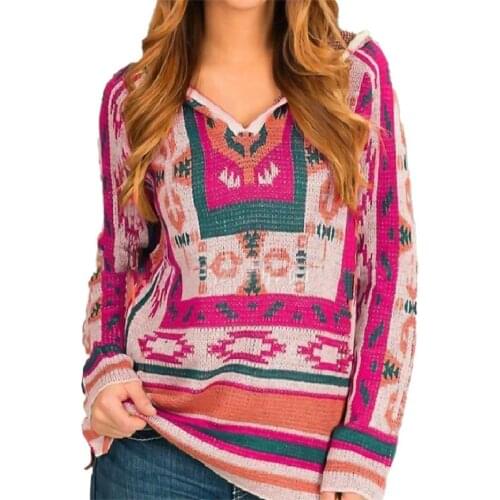 Women Warm Retro Ethnic Pattern Stitching Hooded Sweatshirt Loose Hoodie Top