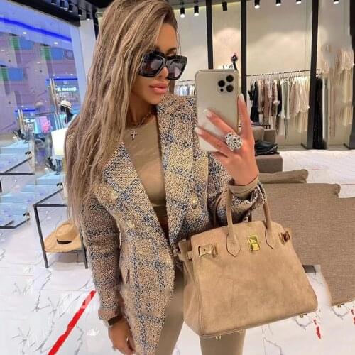 2021 Elegant Women New Casual Tweed Blazer Vintage Office Lady Autumn Slim Jacket Coat double Breasted Outwear Female Chic Tops