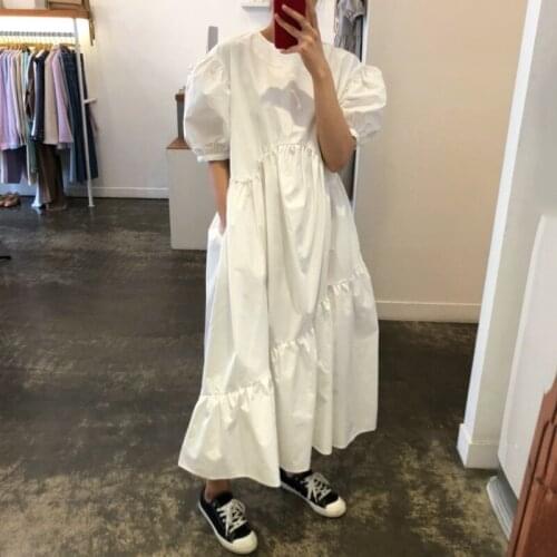 Summer 2021 Korean Irregular Patchwork O Neck Puff Sleeve White Long Dress Loose High Waist Elegant Maxi Dress Female Vestidos