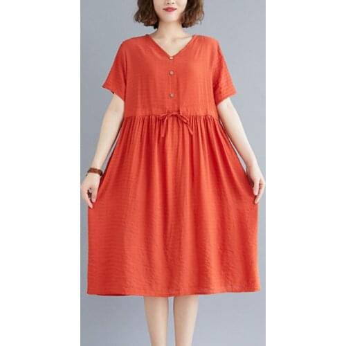 2021 New Arrival Short Sleeve Loose Summer Dress Solid Color Cotton Linen Vneck Office Lady Work Dress Women Travel Casual Dress