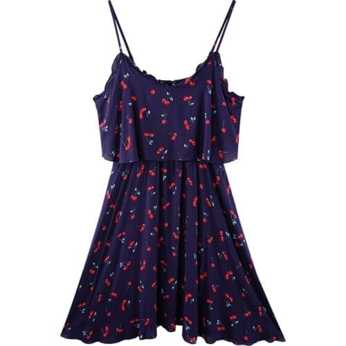 Women Sweet Cherry Print A-line Dresses V-neck Sleeveless Backless Loose Midi Dress Ladies Vestidos Spaghetti Strap Robes Femme