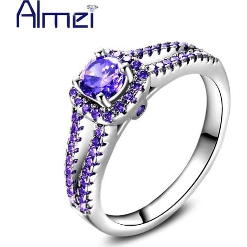 Almei 5%Off 2017 USA Wedding Silver Color Rings For Women Ladies Gift Ring With Purple Stone Jewelry Bijuteria Feminina HR269