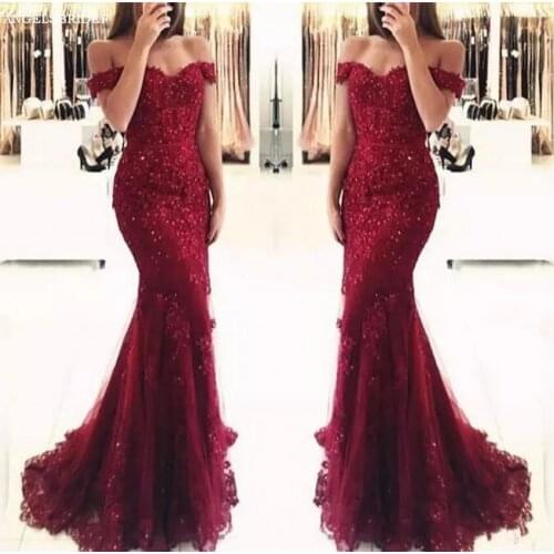 ANGELSBRIDEP Burgundy Sweetheart Mermaid Prom Dress Vestidos de festa Sexy Off-Shoulder Applique Formal Evening Party Gown Hot