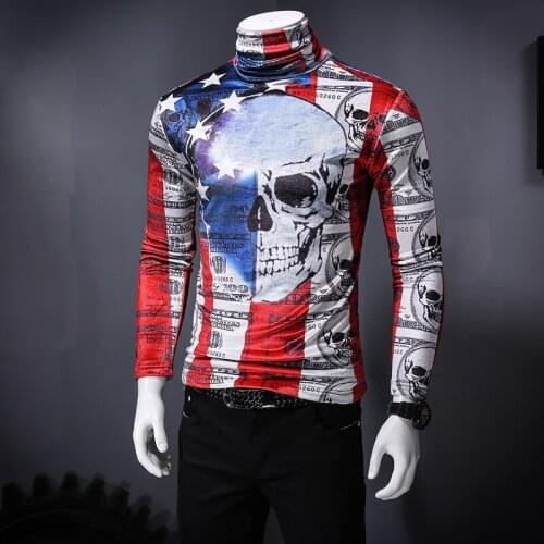 Turtleneck Velvet Thicken Long Sleeve Autumn Winter Camiseta Hombre Skull Tee Shirt Men Club Party Outfit 4xl