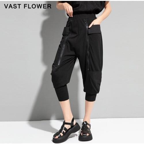Zipper Pocket Black High Elastic Waist Harem Pants Women New Loose Casual Calf-Length Pants 2021 Summer Fashion Streetwear