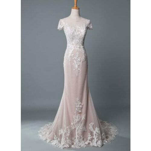 Simple Wedding Dress Mermaid Jewel Neck Short Sleeves Floor Length Customized Lace Bridal Gowns With Train