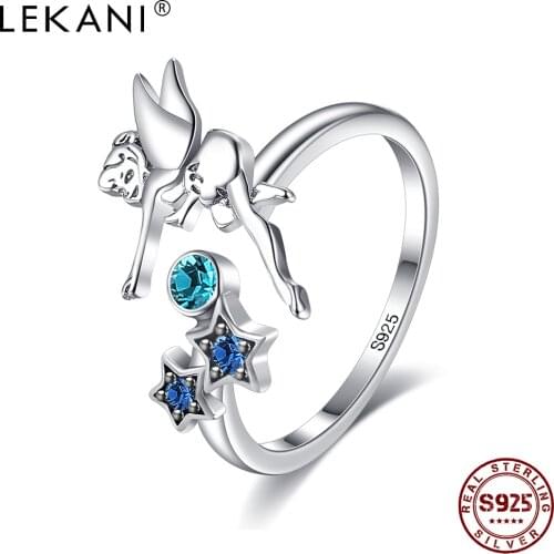 LEKANI 925 Sterling Silver Cute Angel & Star Finger Ring Blue Zircon Adjustable Rings For Women Girl Silver Jewelry Accessories