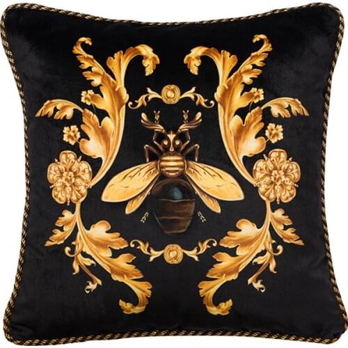 DUNXDECO Cushion Cover Decorative Pillow Case Modern Luxury Artistic Golden Bee Print Black Velvet Soft Sofa Chair Coussin