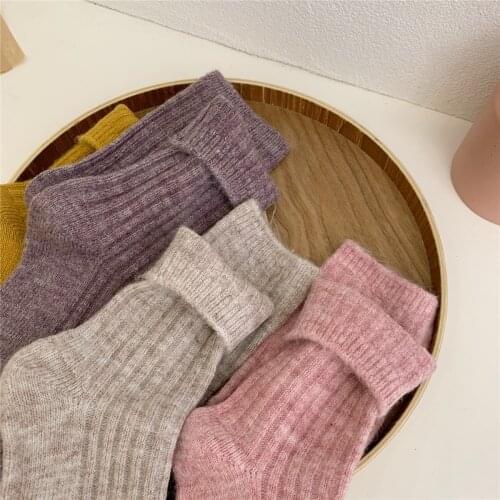 Korean Solid Woman Socks Kawaii Cute Harajuku Vintage Streetwear Crew Socks Autumn Winter Thick Warm Cashmere Wool Long Sock
