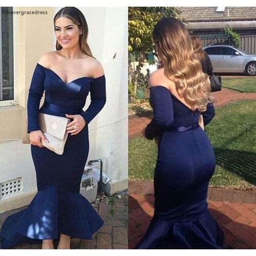 New Meramid Long Sleeves Navy Blue Evening Dress Backless Dubai African Formal Holiday Wear Party Gown Custom Made Plus Size