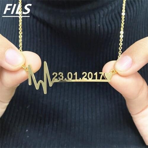 Fils Stainless Steel Custom Date of Birth Personalized Heartbeat Picture Pendant Women Anniversary Date Necklace Birthday Gifts