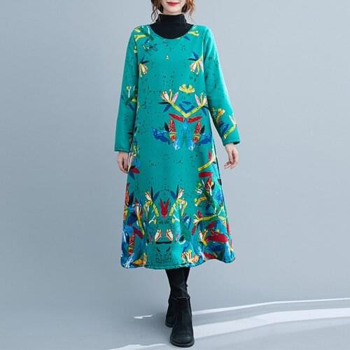 Autumn Vintage Women Dress Cotton Linen Print Thick Warm O Neck Long Sleeve Dress Pocket Plus Size Casual Dresses Winter