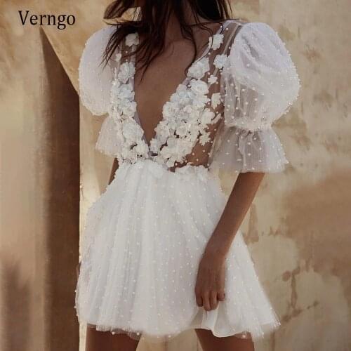 Verngo 2021 New Ivory Pearls Tulle Short Wedding Dress For Bride Puff Sleeves 3D Flowers Deep V Neck Mini Party Formal Gowns