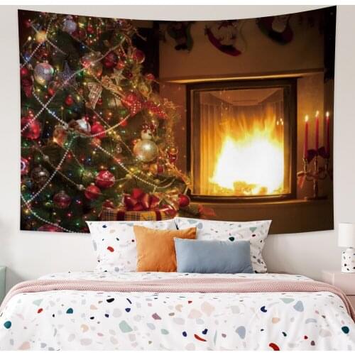 Christmas Tree with Fire Tapestry Vintage Exotic Summer Plant Nature Frame for Bedroom Photography Wall Decor