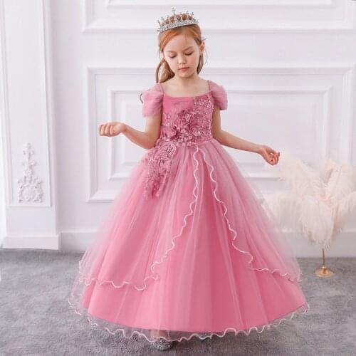 Pink Long Wedding Bridesmaid Evening Infant Summer Dress Tutu Princess Children Birthday Party Prom Kids Vestidos Girls Clothes