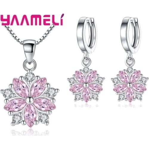 Top Sale S925 Silver Drop Earrings Pendant Necklace Jewelry Set Brilliant Cubic Zircon Flower Star Square Cube Charms Bijoux