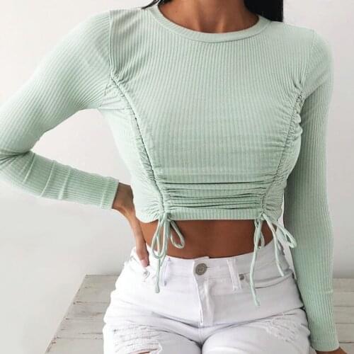 Women O-neck Tops Women T Shirt Crop Top Bandage Long Sleeve Sexy Ladies Streetwear Autumn Clothes Drawstring T-Shirt Female New