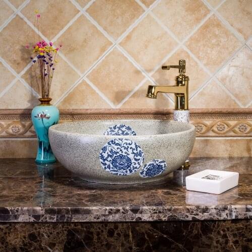 Vintage Ceramic Jingdezhen Artistic Above Counter Bathroom Vessel Sink Wash Basin Bowl