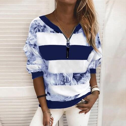Women Fashion Floral Splice Print Zipper Graphic T Shirts Long Sleeves Casual Loose Plus Size Vintage Anime Top Mujer Camisetas