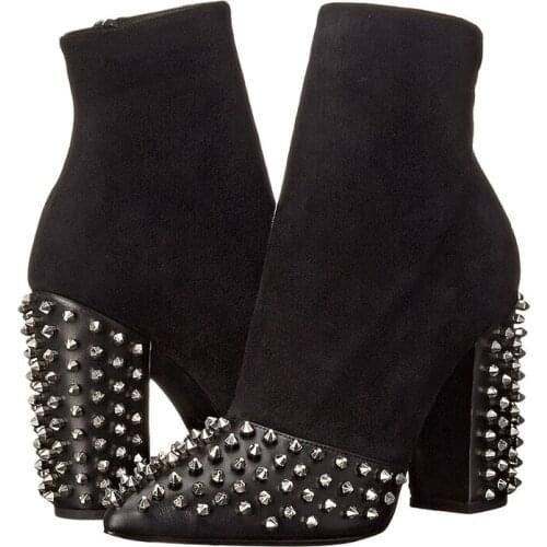 Black Rock Rivets Design Suede Leather Pointed Toe Women Chunky Heeled Chic Ankle Booties