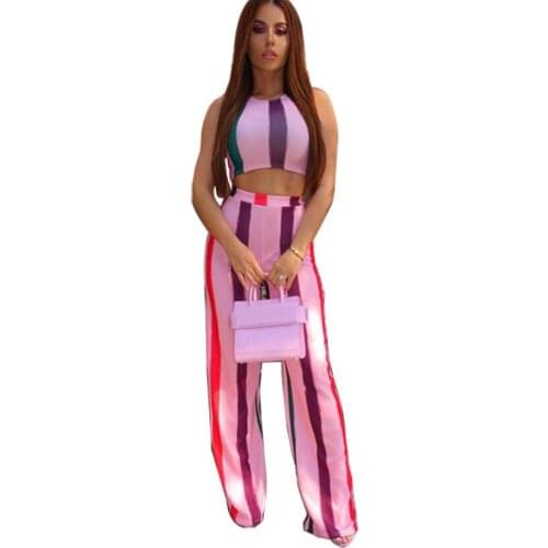 2019 Fashion Womens summer set Hot Explosion Stripe O-neck sleeveless shirt trousers Suit Casual Set Large yard Wide leg pants
