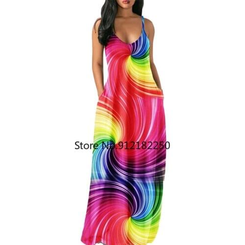 Summer Dress Women Spaghetti Strap Rainbow Paisley Print Long Maxi Evening Party Dress Casual Loose Pocket Boho Dress Sundress