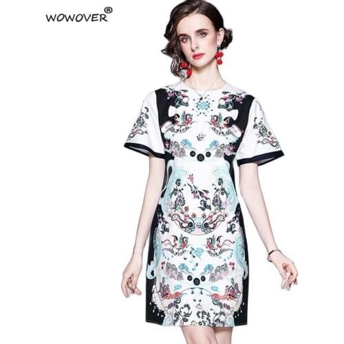 Runway Fashion Short Sleeve Summer Dress for Women Clothing 2021 Designer Hit Color Print Loose Waist Casual Vestidos Female