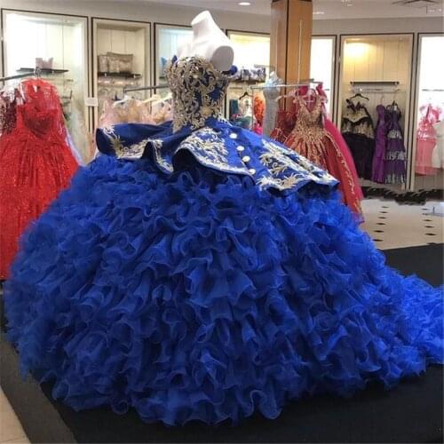 Royal Blue Quinceanera Dresses 2021 Cascading Ruffles Embroidery Beaded Tiered Satin Sweetheart Neckline Sweet 16 Princess Ball