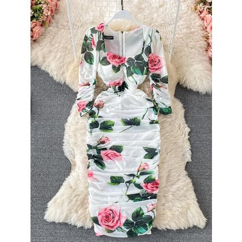 Black/White Floral Print Pleated Dress Women Vintage Square Collar Long Sleeve High Waist Draped Mesh Vestidos Female Runway New