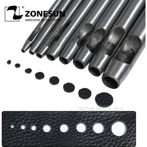 ZONESUN 8pcs Leathercraft Punching Stainless Steel Belt Tool Different Hole Round Shape Punch Stick On Sale