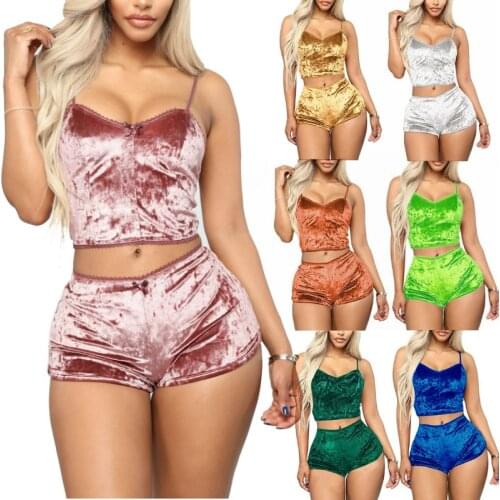 2020 Summer Two Piece Set Womens Velvet Pajamas Set Sleepwear Sexy Sleeveless Crop Tops Shorts 2Pcs Set Nightwear Plus Size