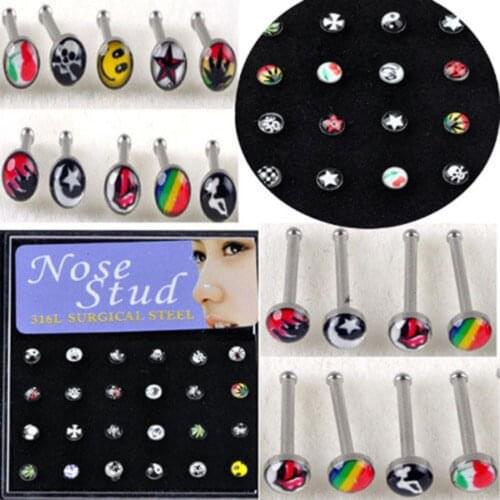 24Pcs/set Nose Ring Fashion Body Piercing Jewelry Nose Studs Surgical Stainless Steel Crystal Stud Ring for Women Gift With Box