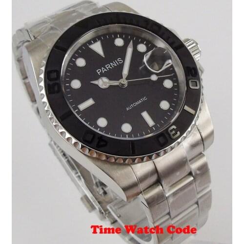 PARNIS 40mm Automatic Mens Wristwatch Black Dial SUB Sapphire glass Jubilee bracelet Auto Date ceramic bezel magniifer