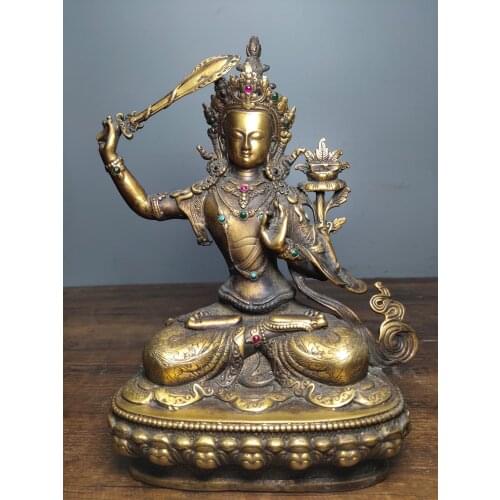 Home Decor 9"China Collection Old Bronze mosaic Gem Manjushri Guanyin Bodhisattva Sitting Buddha Enshrine the Buddha
