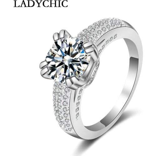 LADYCHIC Exquisite Silver Color Micro Inlay AAA Cubic Zircon Ring Luxury 1ct Main Stone Finger Rings for Ladies Jewelry LR1012