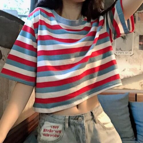 Fashion Rainbow Stripe Women Summer T-Shirt Minimalist Short Sleeve Women clothes Vogue Tops tee shirt couple clothes