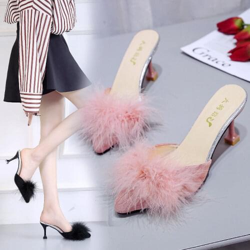 New Summer Pumps Women Shoes Sandals Transparent Feather Crystal High Heels Fur Pointed Toe Mules Slides Furry Slippers
