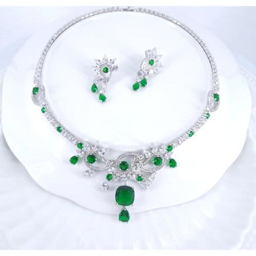 NEW FASHION romantic retro green square CZ zircon necklace earring wedding bride banquet formal dress jewelry set free shipping