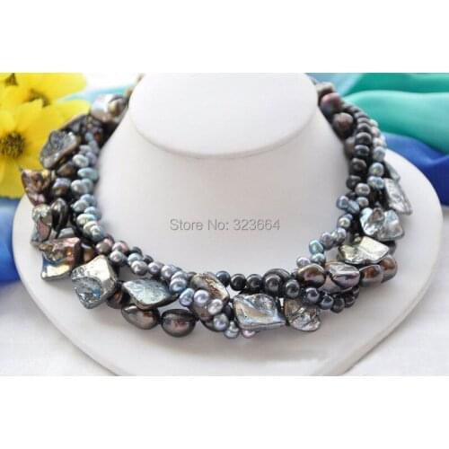 4strands 13mm round black rice gray freshwater pearl lamina shell necklace 17inch