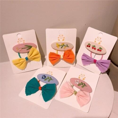 2 Pcs New Sweet Girl Princess Fabric Bow Rubber Band Hair Rope Headdress Fashion Childrens Cute Embroidery Flowers BB Clip