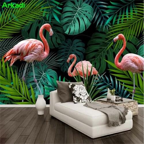 Hand Painted Tropical Rainforest Plant Leaf Flamingo Mural Photo Wallpaper Bedroom Sofa Background Mural Custom Mural 3d