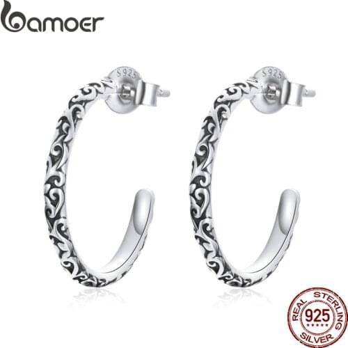 Bamoer Silver Vintage Wreaths Stud Earrings Minimalist Classical Pattern 925 Sterling Silver Tremella Nail Fashion SCE1129