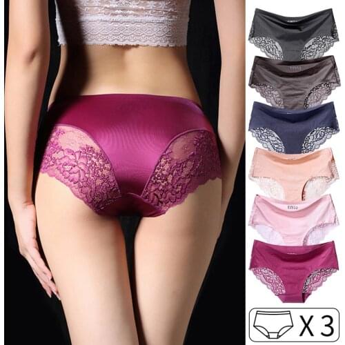 3Pcs Sexy Women Briefs Ice Silk Seamless Lace Panties Hollow Out Underwear High Quality Girls Intimates Size M-XXL