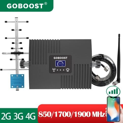 GOBOOST Amplifier 3G 4G 850 1700 1900MHz Cellular Signal Booster Network Repeater 65DB Display Cell Phone Antenna a Set for Home